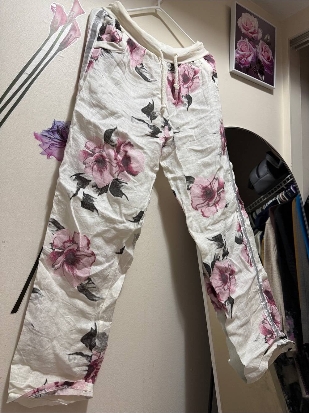 Floral Wide Leg Drawstring Pants - White with Pink Flowers